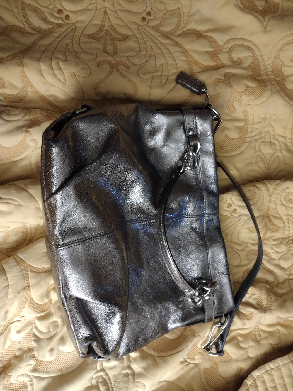 Coach Metallic Pewter Leather Shoulder Bag with Silver Hardware